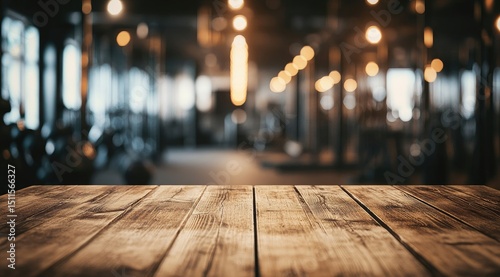 Wooden table top in a modern gym