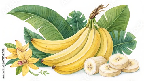 Watercolor Banana Bunch with Tropical Leaves and Flower, Illustration, Botanical Art, Fruit, Banana, Tropical Tropical, Watercolor