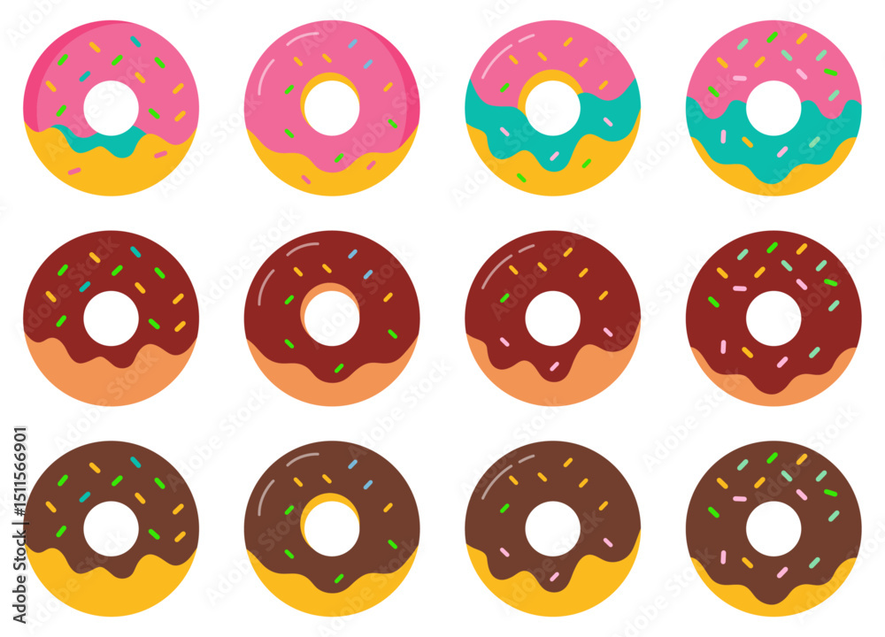 Obraz premium Set of colorful cartoon donut vector icon set isolated on white background. Collection of cute doughnuts in different style. Sweet donuts in flat design. Vector illustration.