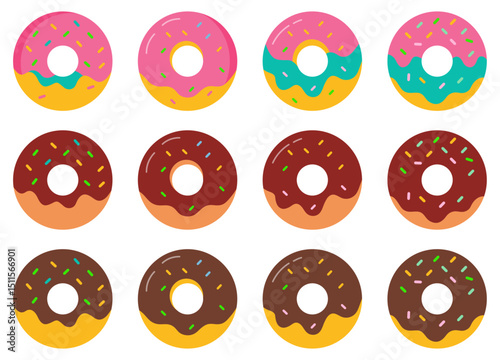 Set of colorful cartoon donut vector icon set isolated on white background. Collection of cute doughnuts in different style. Sweet donuts in flat design. Vector illustration.