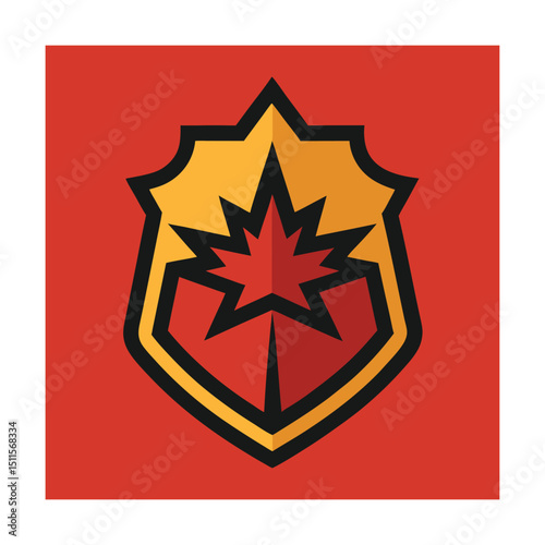 Modern and stylized shield emblem design with maple leaf and geometric shapes elements