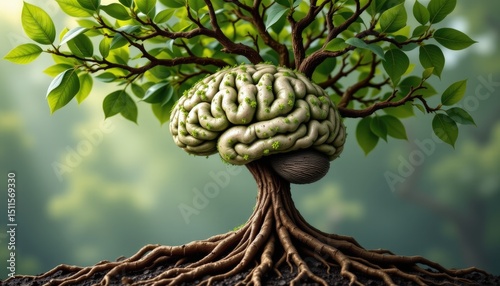 Intertwined brain symbolizing growth and knowledge nature setting digital art serene environment abstract concept