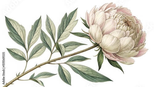 Watercolor Peony Blossom Botanical Illustration, Soft Pink and Green Hues, Single Stem Composition, Floral Art Print, Peony Painting Peony, Botanical Illustration