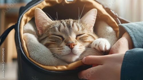 Joyful moment as a newly adopted cat is gently placed into a cozy carrier Generative AI