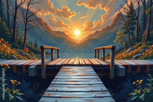 Serene sunset bridge over tranquil lake mountainous landscape digital artwork nature wide view connection concept