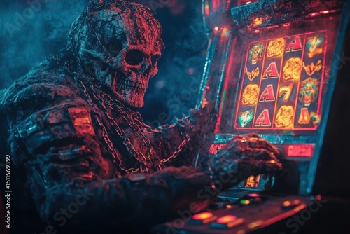Skeleton figure plays a slot machine in a dark, atmospheric setting with neon lights and a sinister vibe