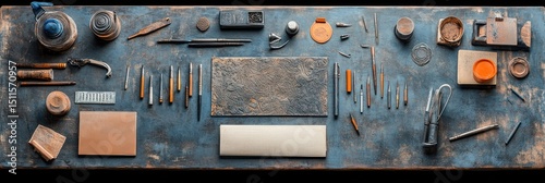 Artist's workbench filled with tools and materials