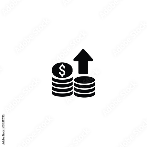 Icon of coins and upward arrow, black silhouette, symbol of profit and ROI on white background