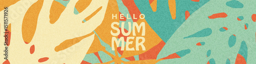 Modern banner with tropical foliage and text "Hello Summer". Tropical vintage mockup for advertising, templates, branding, sales and seasonal promotions