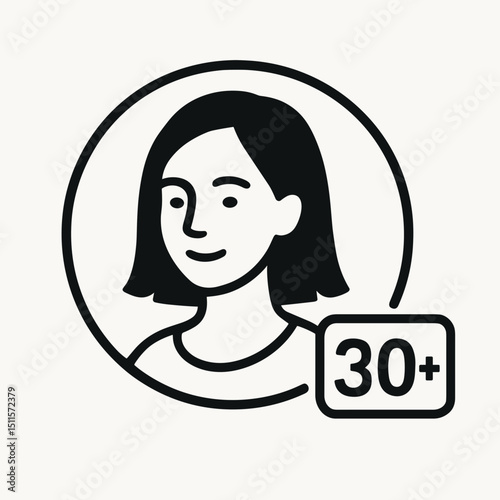 Icon of smiling woman in circle with 30 plus age label, representing adult age group