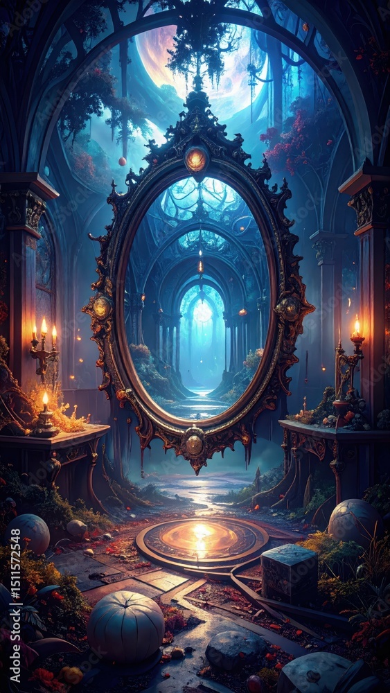 Obraz premium Enigmatic Carnival Mirror in a Dark Twisted Maze of Reflections