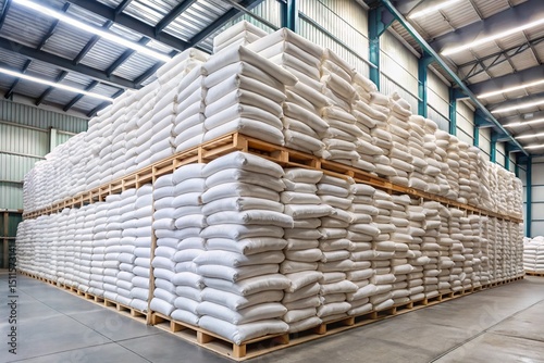 A large pile of white bags of rice