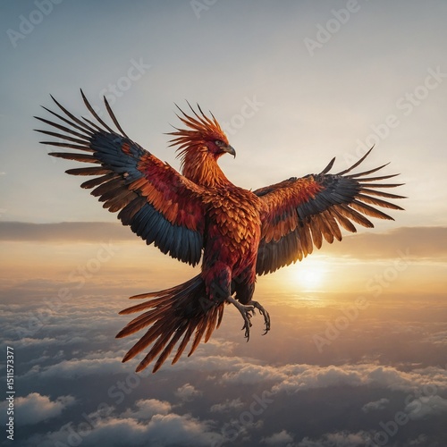 A pheonix in realistic style on sunrise
