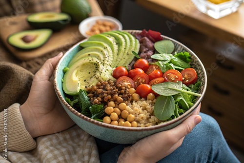 A person is holding a bowl of food that contains avocado, tomatoes