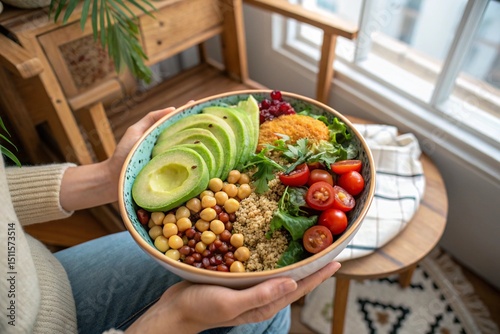 A person is holding a bowl of food that contains avocado, tomatoes