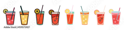 Colorful Refreshing Summer Juice and Cocktail Glass Icon Set with Lemon Slices and Straws Isolated on White Background