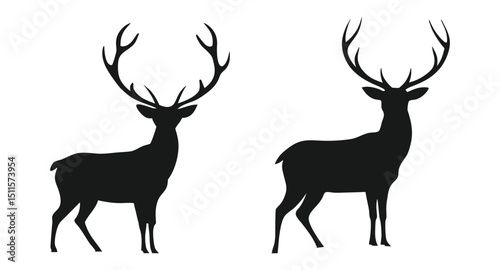 A collection of deer silhouettes, showcasing various poses and antler configurations, ideal for nature-themed designs and illustrations.