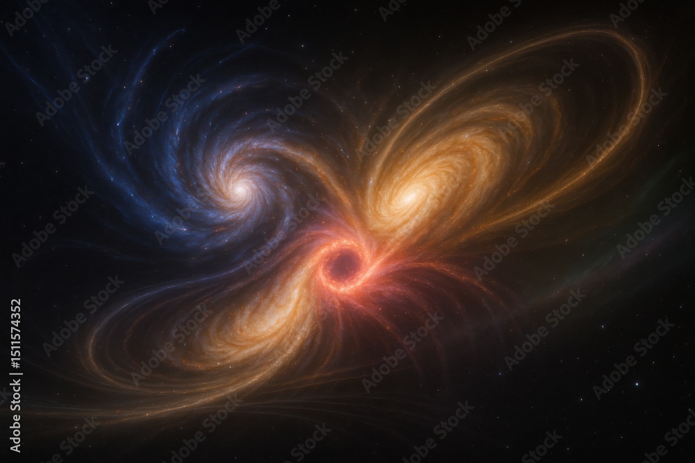 Obraz premium Spiral Galaxy Collision with Vivid Gas Tunnels Twisting into Starburst Ring Core