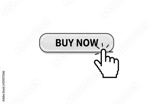 A digital hand cursor clicking on a white buy now button on a clean white background illustration