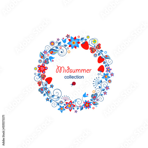 Night before Ivan Kupala. Flowers door decorative wreath collection with funny flowers and strawberry isolated on white background. Slavic midsummer holiday background. Part 5