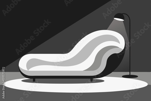 Fotografie Modern chaise lounge, minimalist sofa, gray and white furniture, indoor lighting