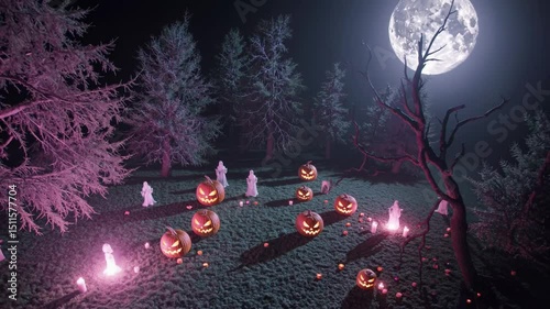 Ghosts celebrating halloween under full moon photo