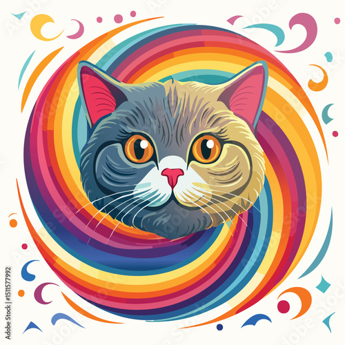British Shorthair in a Whimsical Scene with Vibrant Swirl Motions All Around.