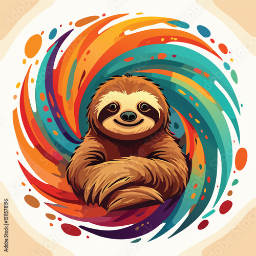 Sloth in a Whimsical Scene with Vibrant Swirl Motions All Around.