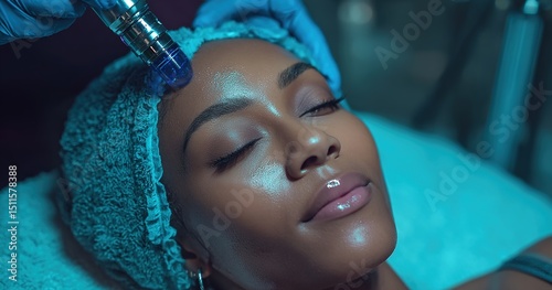 Black woman gets skin microneedling in beauty clinic. High quality