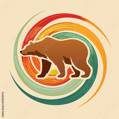 Grizzly Bear in a Whimsical Scene with Vibrant Swirl Motions All Around.