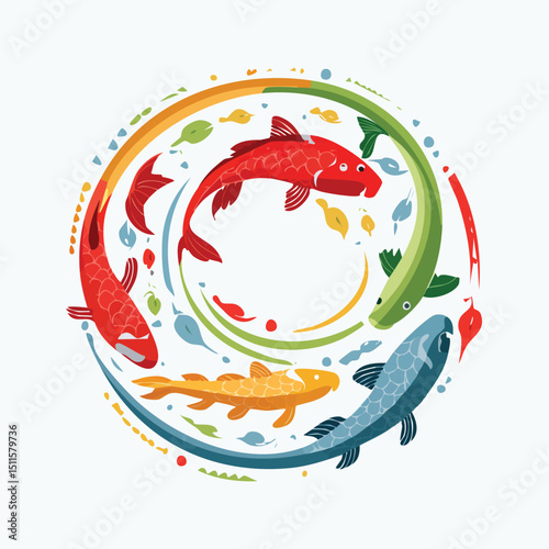 Koi in a Whimsical Scene with Vibrant Swirl Motions All Around.
