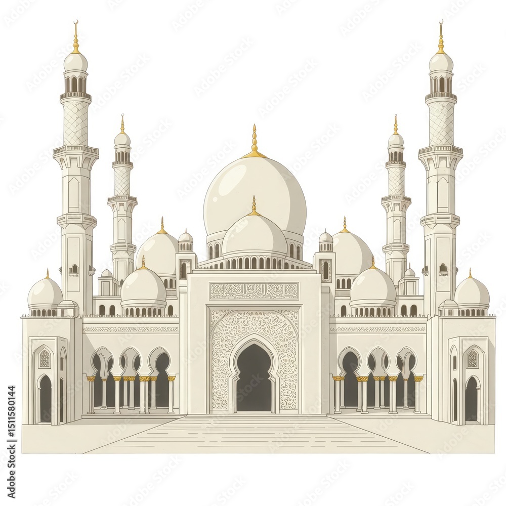 Fototapeta premium Grand mosque illustration white graphics isolated on white background