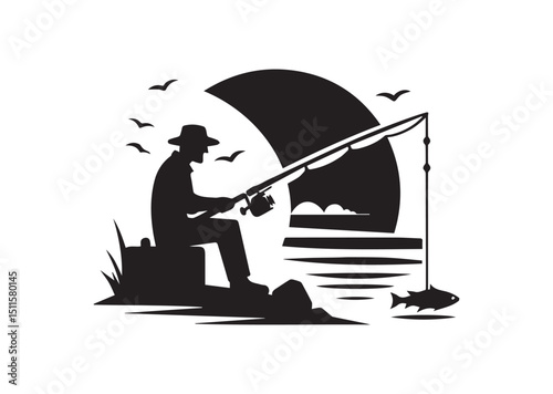 Fisherman Silhouette Vector, Fishing Icon