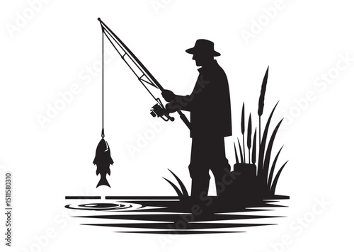 Fisherman Silhouette Vector, Fishing Icon