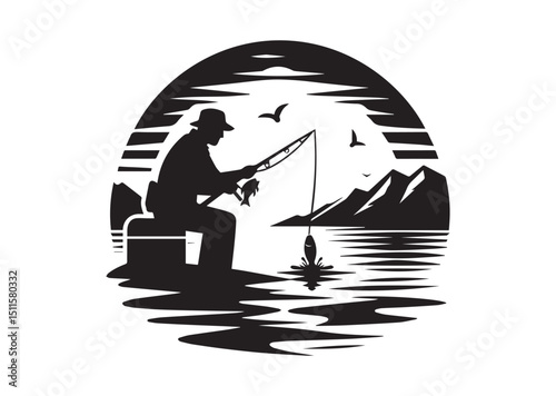 Fisherman Silhouette Vector, Fishing Icon
