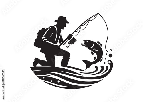 Fisherman Silhouette Vector, Fishing Icon