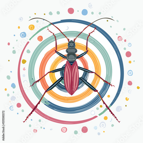 Assassin Bug in a Whimsical Scene with Vibrant Swirl Motions All Around.