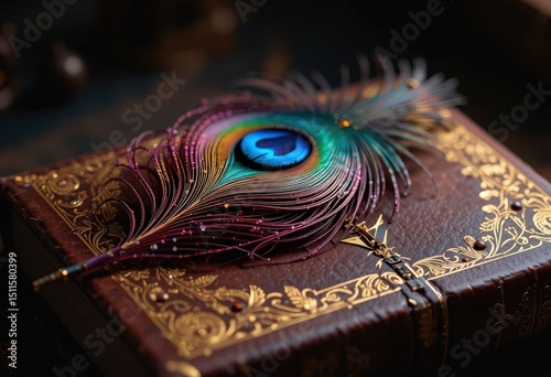 Inkling of dreams lies still atop a gilded Tome, a vibrant feather, resting upon a spellbook of a bygone era