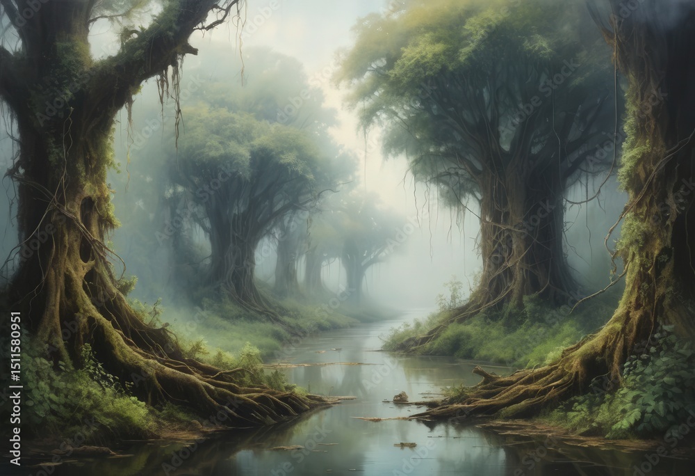 Obraz premium Mystical passage through silent groves in a misty dawn at bayou Rumours, where weeping willows drape over sleepy waters