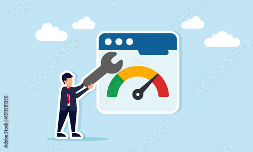 Businessman holding machine key beside monitor showing level indicator illustration of maintenance system and business quality standardization