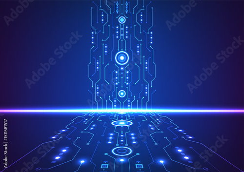 Futuristic circuit board and digital network background representing AI, cyber systems, and innovation.