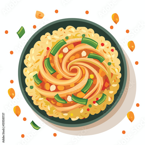 Kimchi Fried Rice in a Whimsical Scene with Vibrant Swirl Motions All Around.