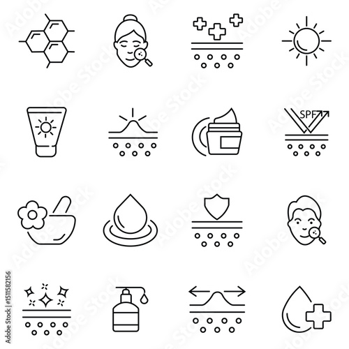 Skin care cosmetology beauty treatment and hygiene minimalist line icon set. Skin types facial device, cosmetic products, cream, gel, serum, dermatology, stretch marks, refreshes the skin and more. 