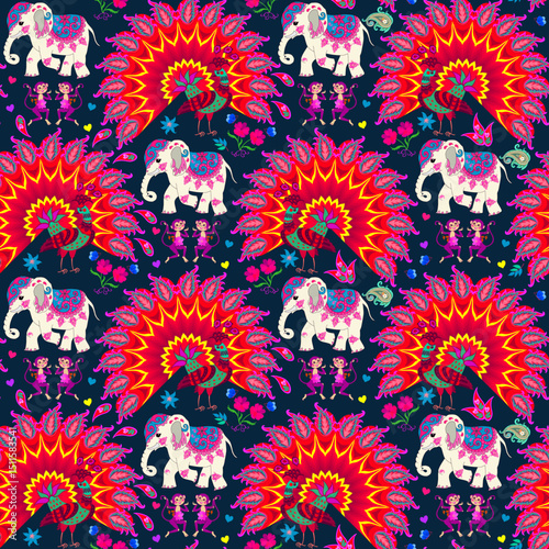 Bright seamless pattern with fabulous peacocks, elephants, monkeys, paisley and flowers on a black background. Indian, Thai, Brazilian motifs. Print for fabric.