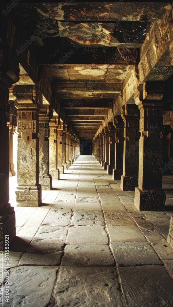 Obraz premium Mysterious Ancient Temple Hallway with Intricate Carvings and Shadows