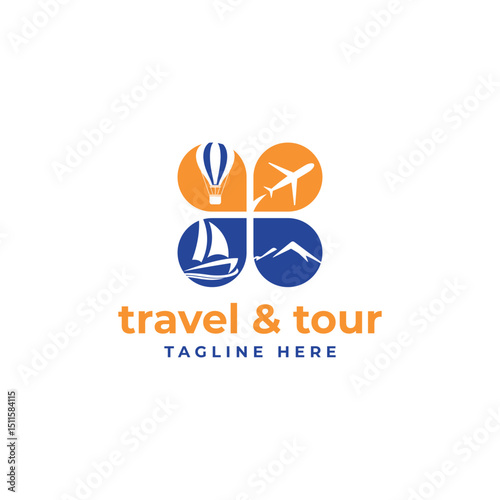 Travel and tour creative logo design modern minimal concept airplane boat mountain balloon 