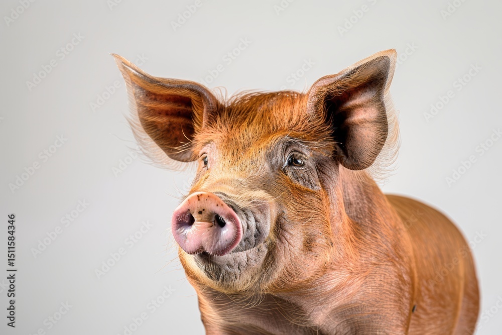 Fototapeta premium In the studio, a calm pig lies peacefully, with a serene expression and soft lighting that highlights its smooth skin and relaxed demeanor.