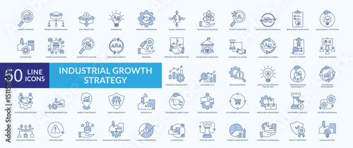 Industrial growth strategy icon collection set with market research, product diversification, cost reduction, technology adoption, continuous improvement