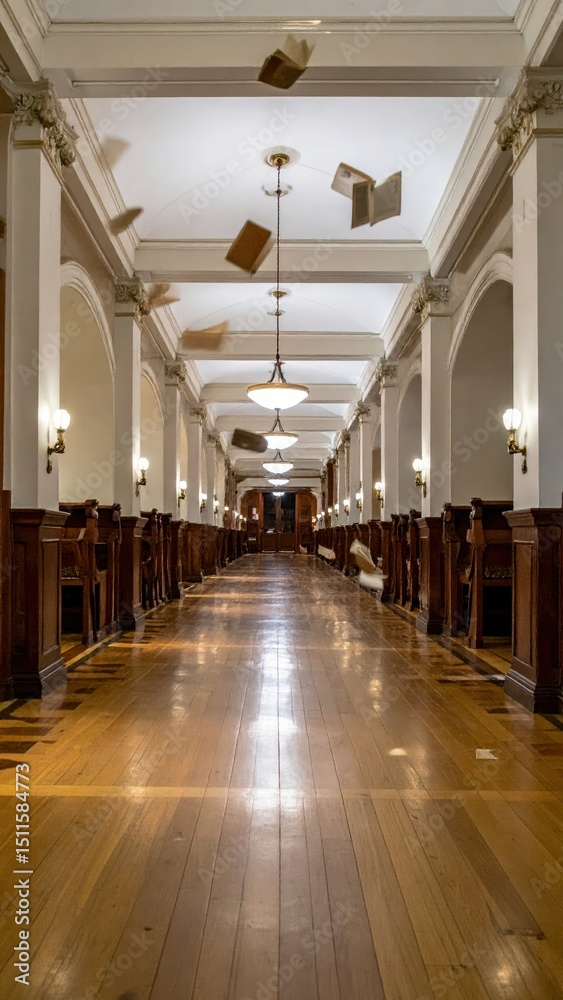 Fototapeta premium Magic Unleashed in Grand Library Hallway with Floating Books