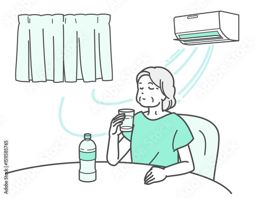 エアコンの効いた室内で水分補給するシニア女性のイラスト